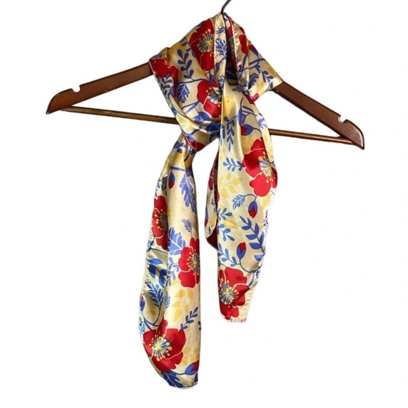BRIGHT Floral Yellow Chickadee Satin Rectangular Scarf Red Poppies Blue Leaf - Picture 6 of 6